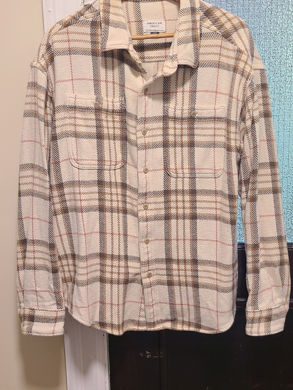 American Eagle Outfitters Cream, Brown and Red Plaid Button-Down Shirt